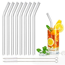 Lade das Bild in den Galerie-Viewer, 8 Stück Glasstrohhalme Glas Wiederverwendbar Trinkhalme Umweltfreundlich Trinkhalme aus Glas mit 2 Reinigungsbürsten Transparent Länge 20cm Perfekt für alle Getränke Milch (Gebogen)