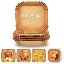 Lade das Bild in den Galerie-Viewer, Backpapier für Heißluftfritteuse, 100 Stück 25cm Backpapier Airfryer, Wasserdicht und ölfest Antihaft Einweg Luftfritteusen Quadrat Pergamentpapier für Heißluftfritteuse, Ofen und Grill