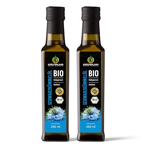 Kräuterland - Bio Schwarzkümmelöl gefiltert 2x250ml- 100% rein, schonend kaltgepresst, ägyptisch, vegan - Frischegarantie: täglich mühlenfrisch direkt vom Hersteller